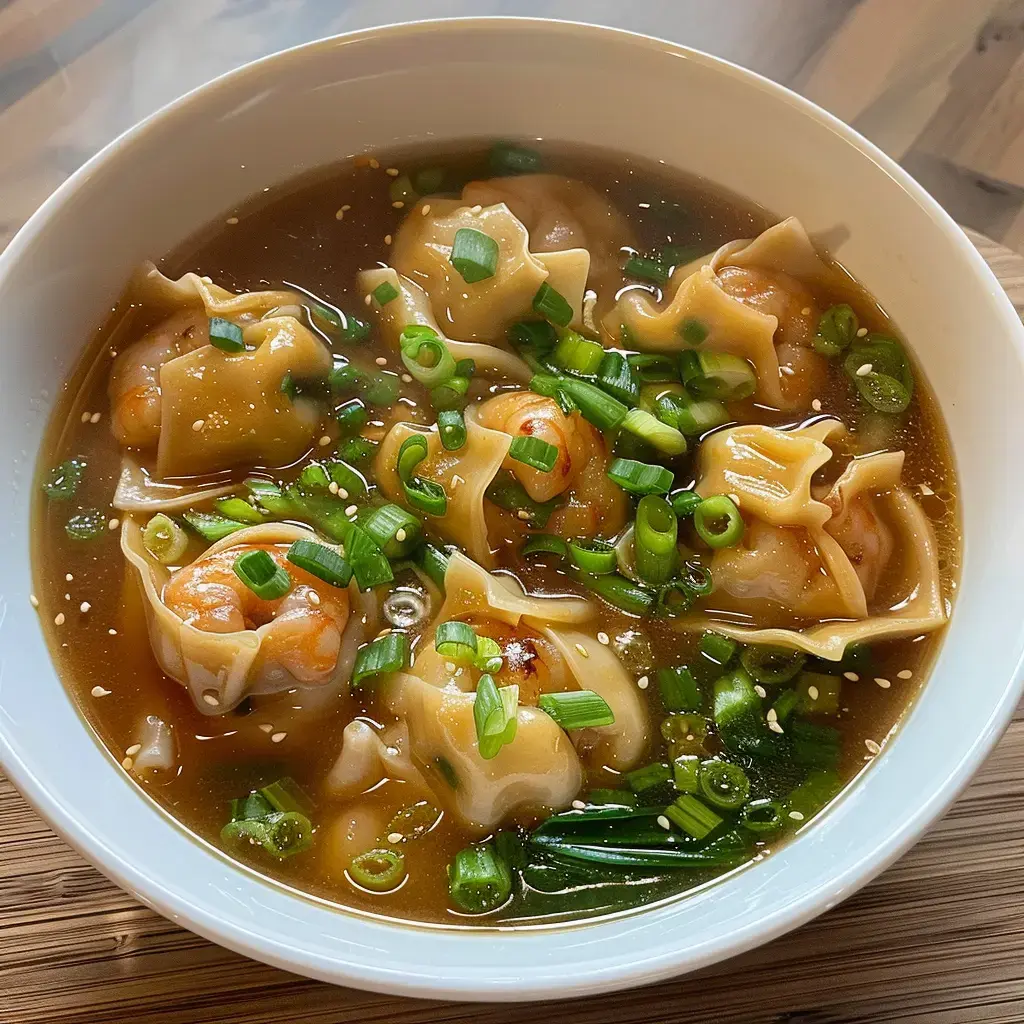 Eine Schüssel Suppe mit Garnelen-Teigtaschen, garniert mit gehacktem Schnittlauch in einer schmackhaften Brühe.