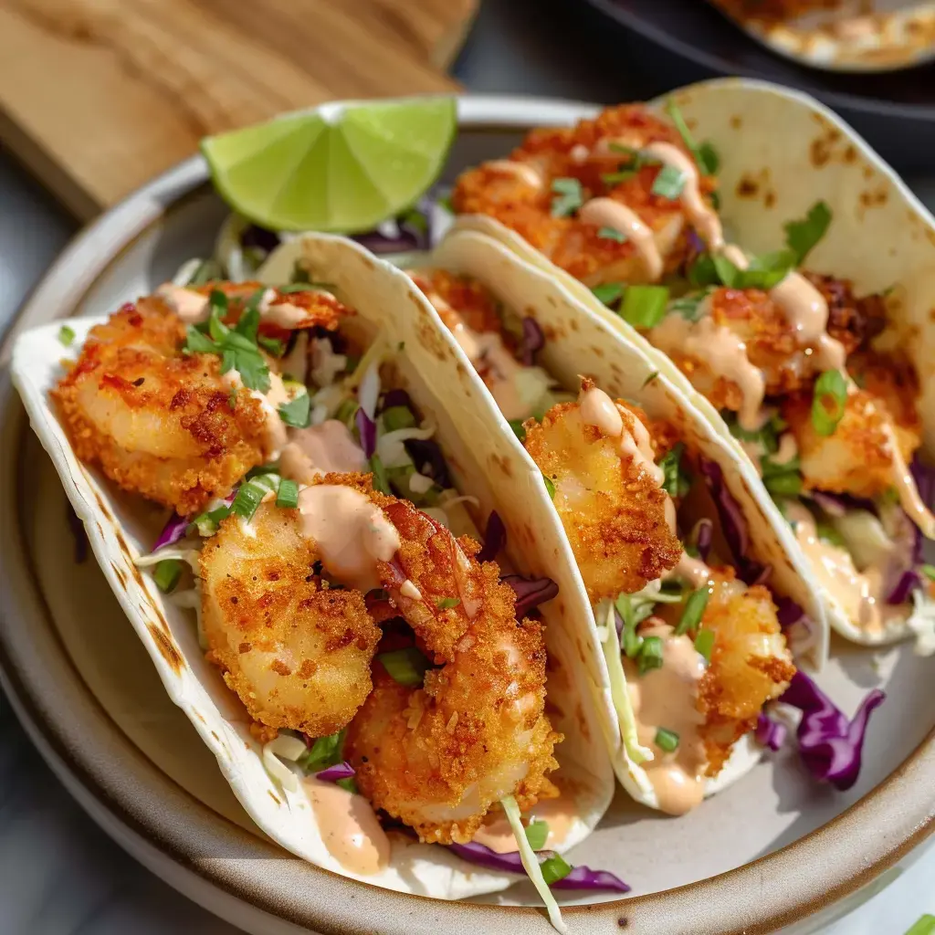 Panierte Garnelen-Tacos garniert mit Gemüse und einer cremigen Soße, dazu ein Limettenstück.