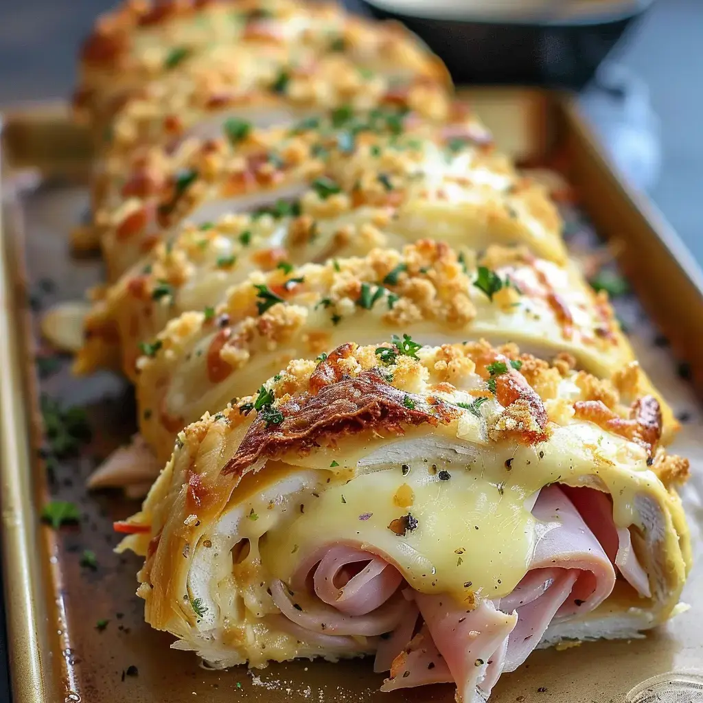 Gefüllte Brotrolle mit Schinken und Käse, bedeckt mit goldbraunen Bröseln und Petersilie.