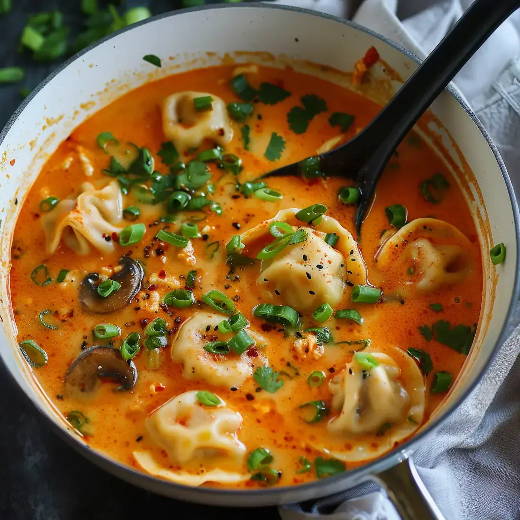 Eine cremige Suppe mit Ravioli, Pilzen und Frühlingszwiebeln, garniert mit frischem Koriander.