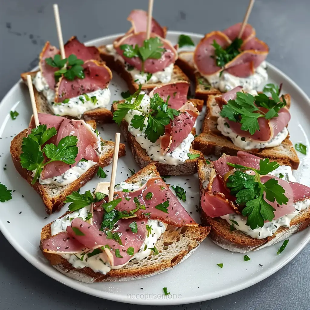 Teller mit Brotscheiben belegt mit Frischkäse, Schinken und Petersilie.