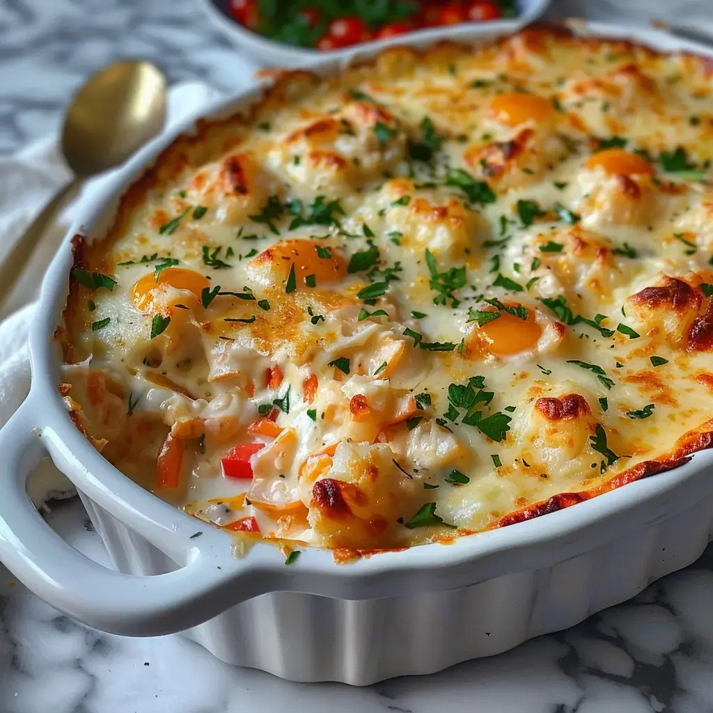 Ein überbackenes Gericht mit cremiger Garnitur, Hühnchenstücken, Sauce, Eiern und Gemüse, garniert mit frischer Petersilie.
