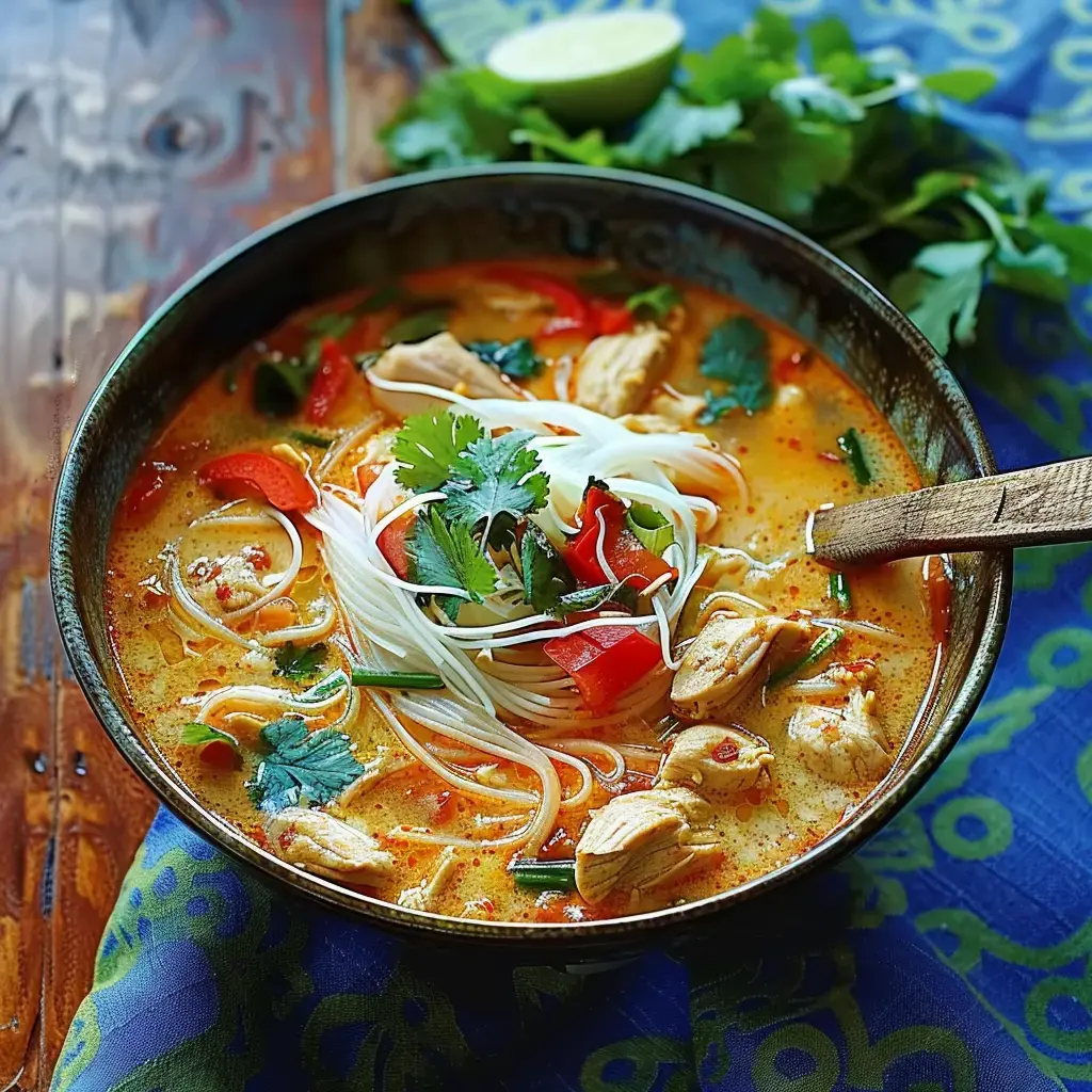 Eine Schüssel Nudelsuppe mit Hähnchen, Paprika und Koriander, serviert mit einem Limettenschnitz.
