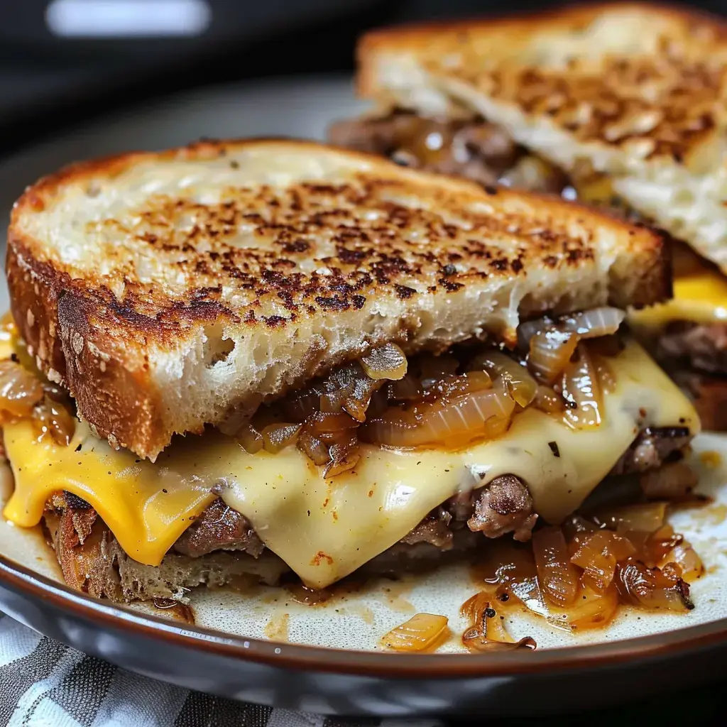Ein geröstetes Sandwich mit Fleisch, geschmolzenem Käse und karamellisierten Zwiebeln wird auf einem Teller präsentiert.