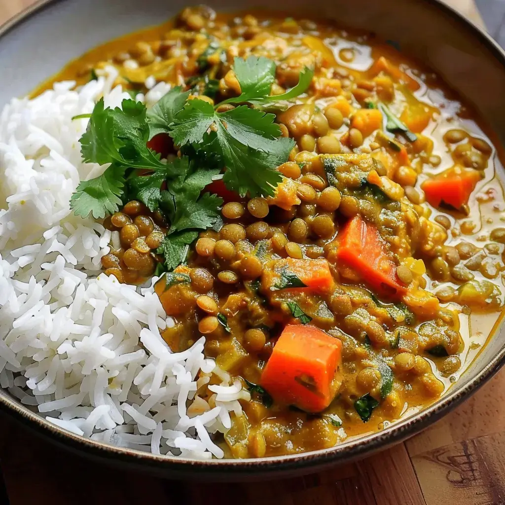 Eine Schüssel Linsencurry mit Möhren und Koriander, serviert mit weißem Reis.