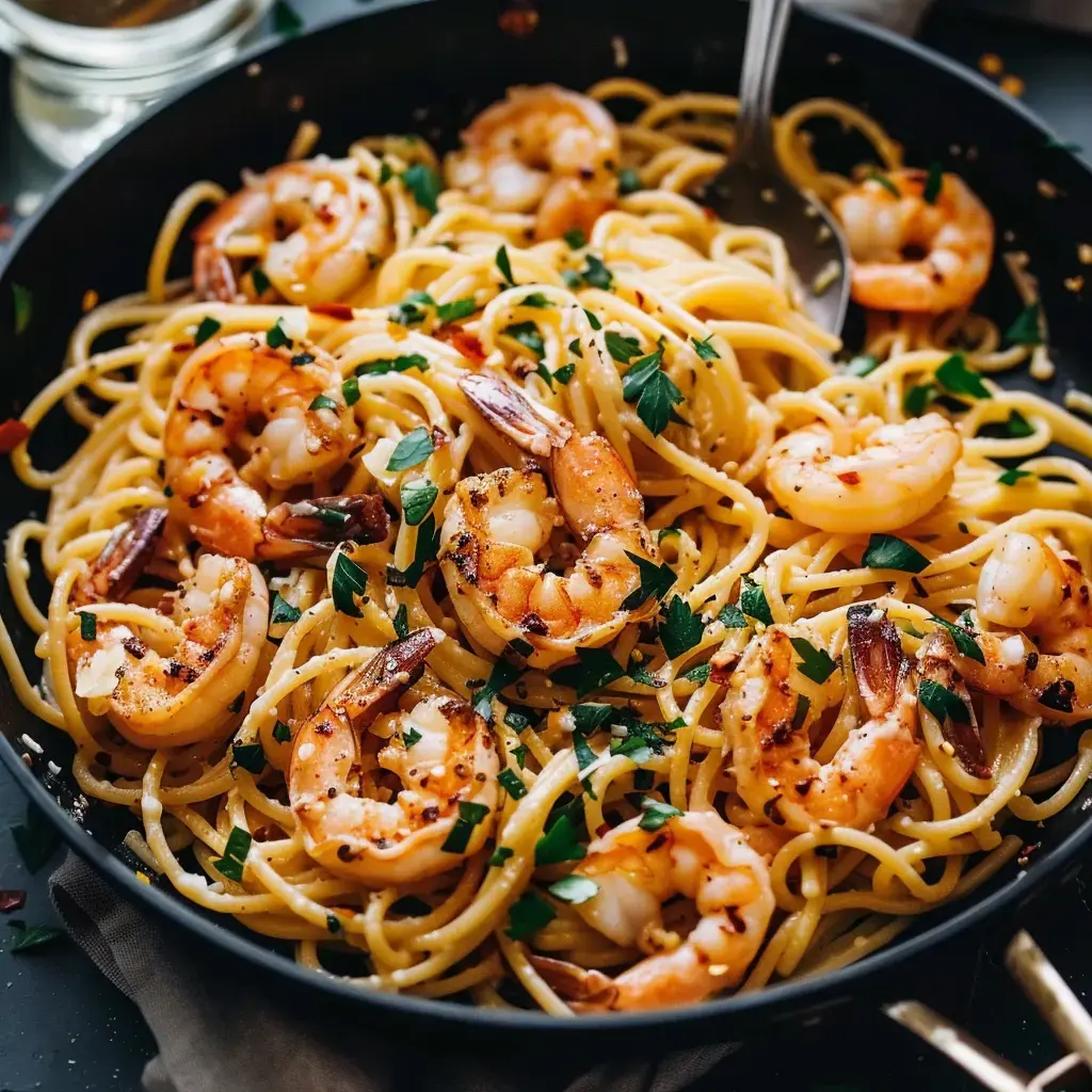 Spaghetti mit Garnelen, dekoriert mit Petersilie auf einem schwarzen Teller.