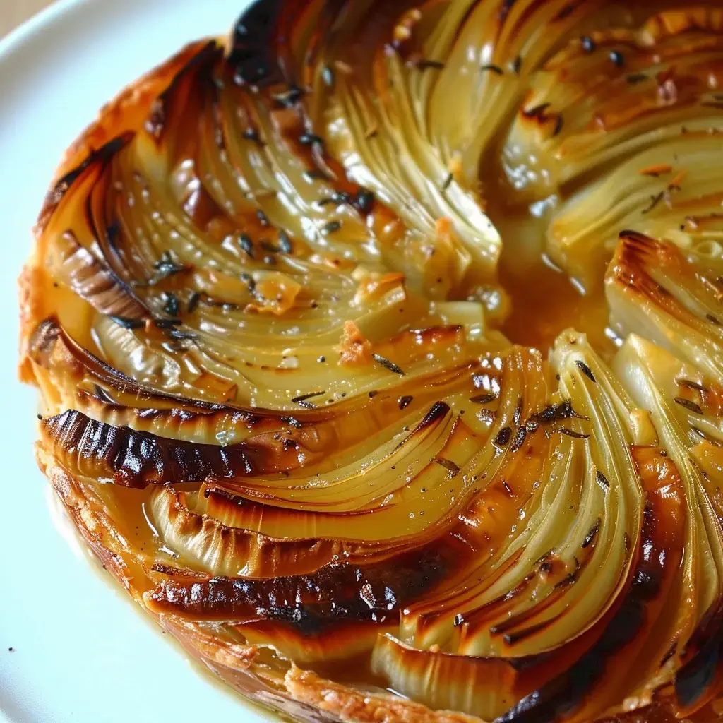 Tarte mit karamellisierten Endivien auf einem Teller angerichtet.