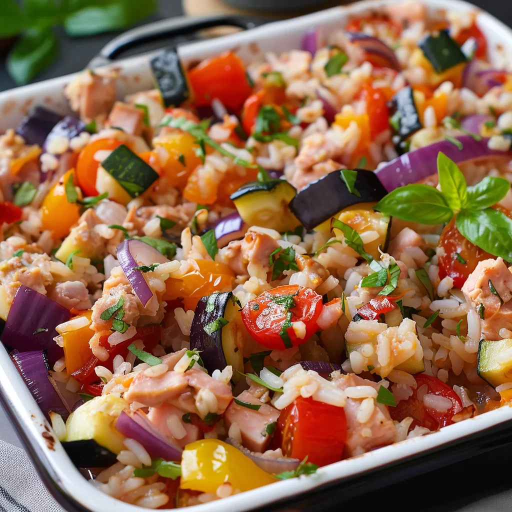 Reis mit Gemüse und Thunfisch aus dem Ofen