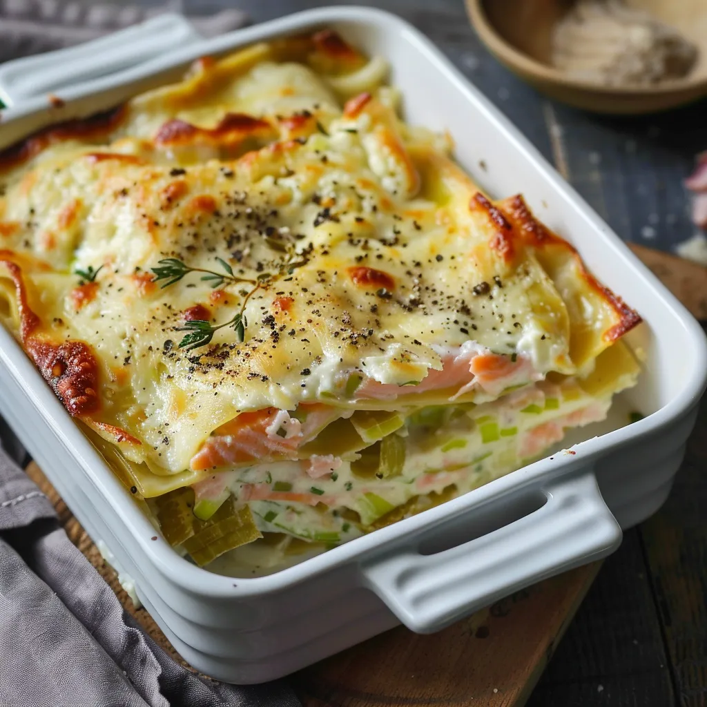 Lachs Lauch Lasagne mit frischem Ziegenkäse