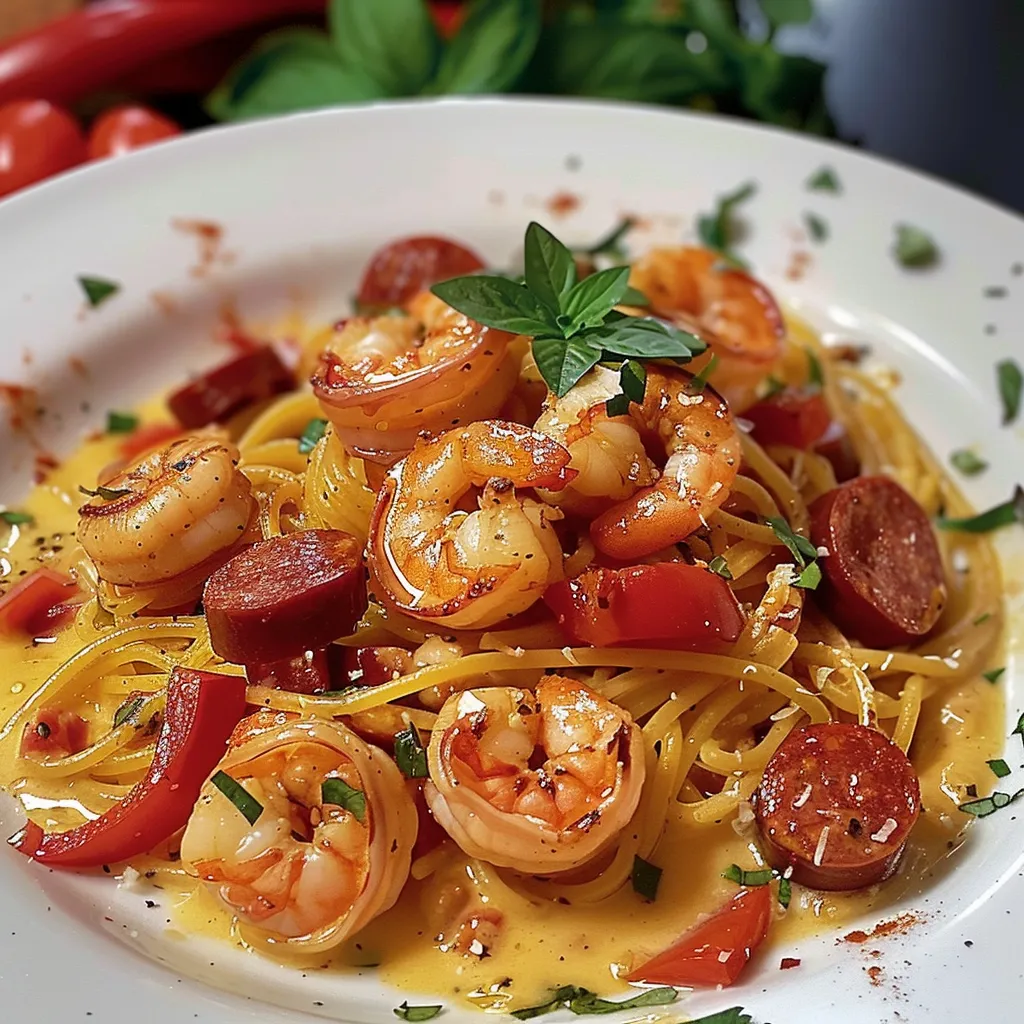 Schmackhafte Spaghetti in Paprikasahne mit Chorizo und Garnelen