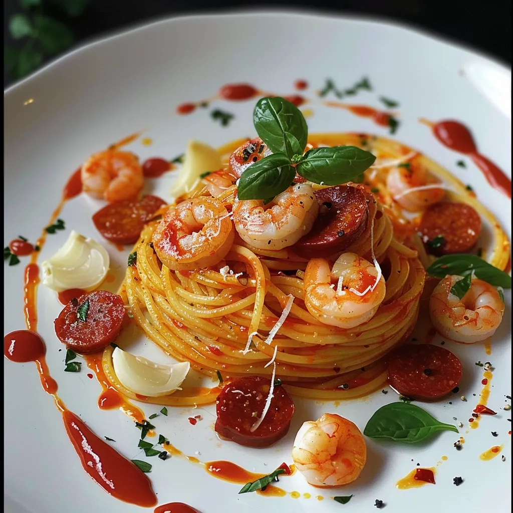 Spaghetti mit Paprikasauce, Chorizo und Garnelen