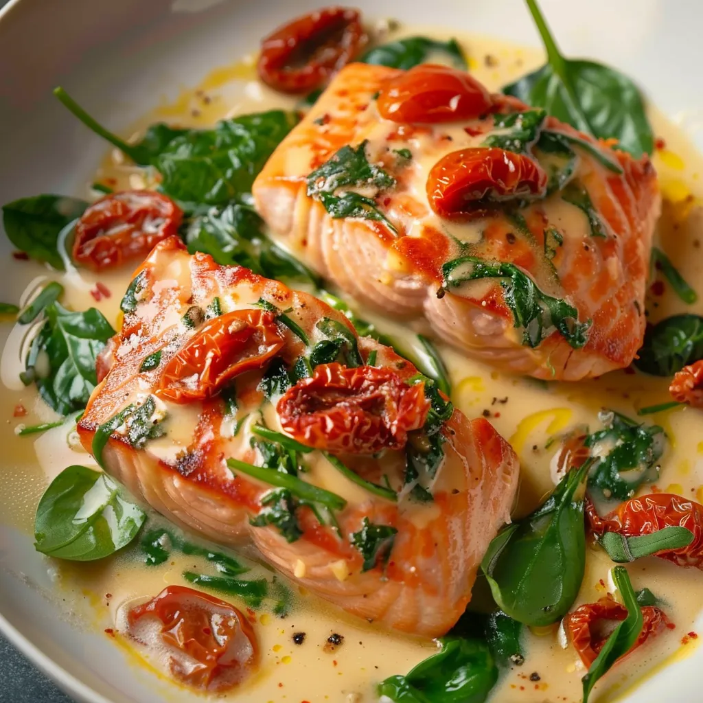 Toskanischer Lachs in cremiger Sauce mit Spinat und getrockneten Tomaten