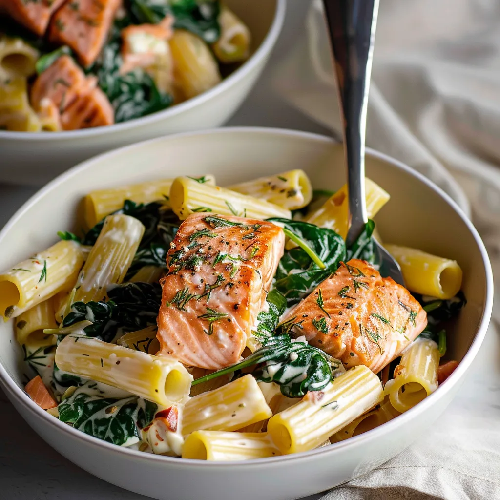 Köstliche Pasta mit zartem Lachs und frischem Spinat in reichhaltiger Sauce