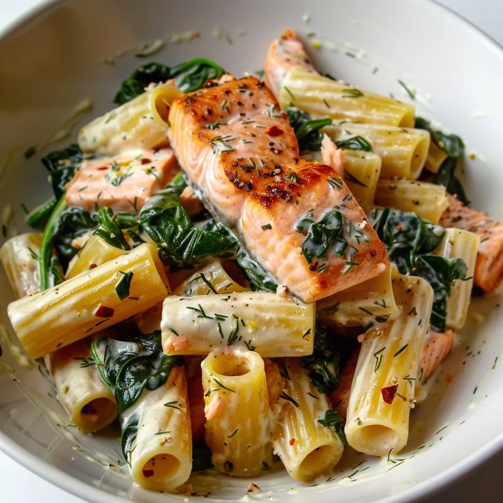 Lachs-Spinat-Pasta, eine schnelle und herzhafte Mahlzeit perfekt für das Abendessen