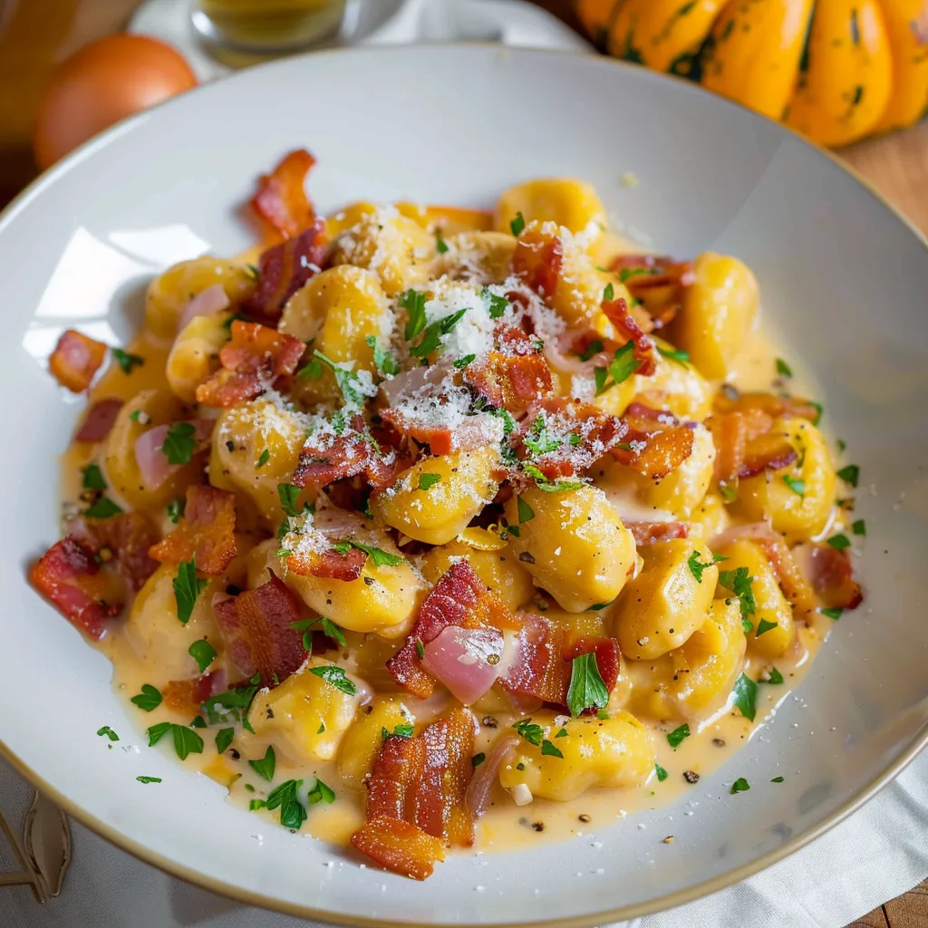 Gnocchi mit Kürbissauce und knusprigem Speck