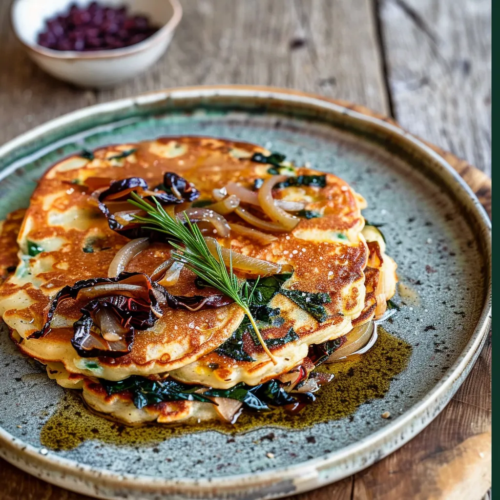 Rote Linsen-Pfannkuchen mit Zwiebeln und Mangold - Vegetarisches Rezept