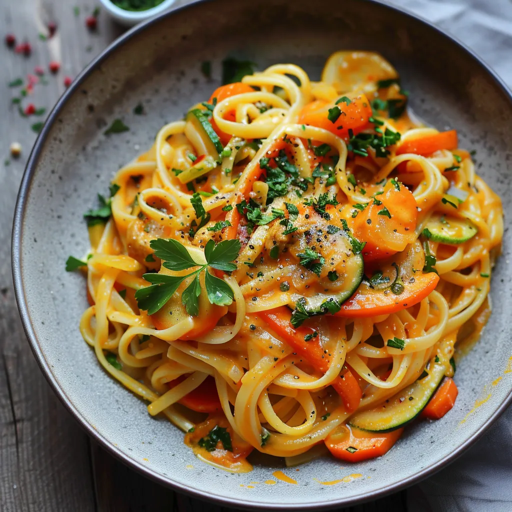 Asiatische Pasta mit Gemüse in Kokosmilch-Curry-Sauce