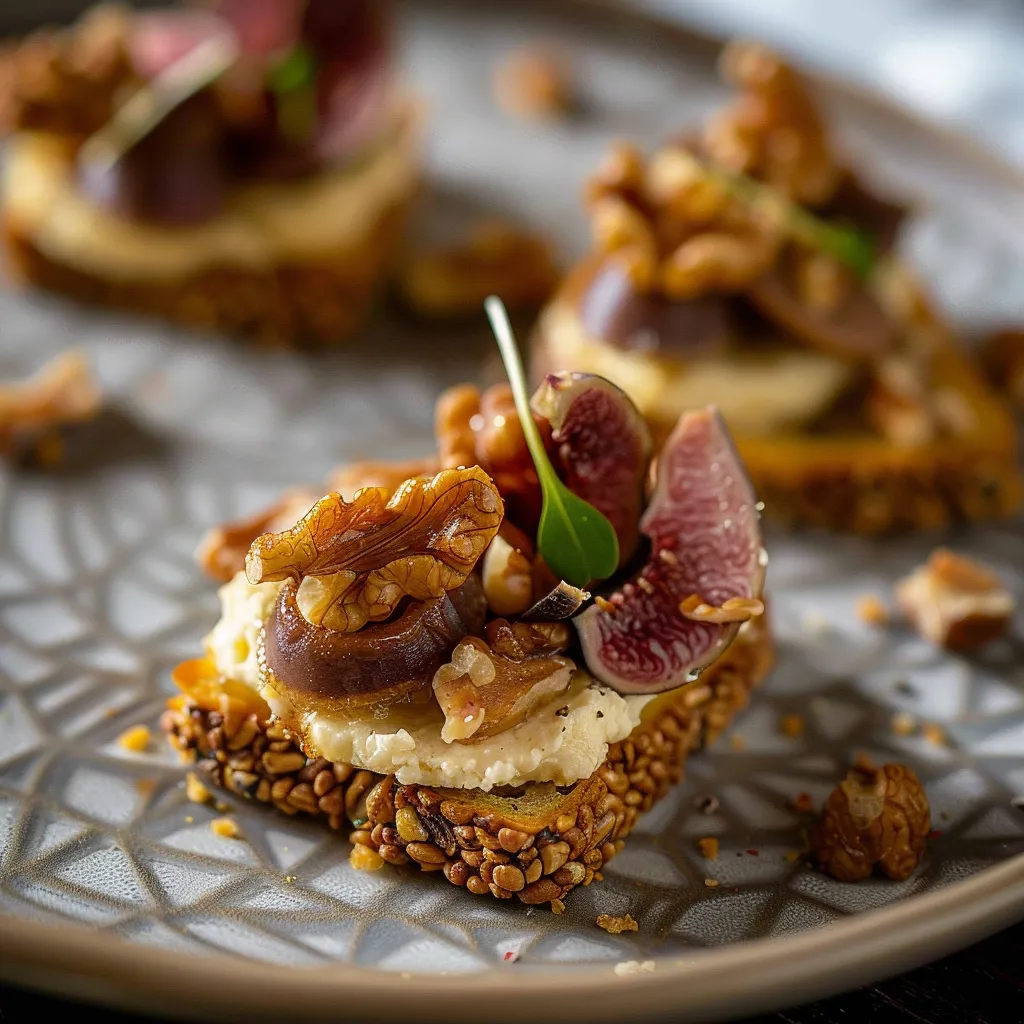 Lebkuchen-Häppchen mit Entenbrust, karamellisierten Nüssen und Feigen-Walnuss-Käse