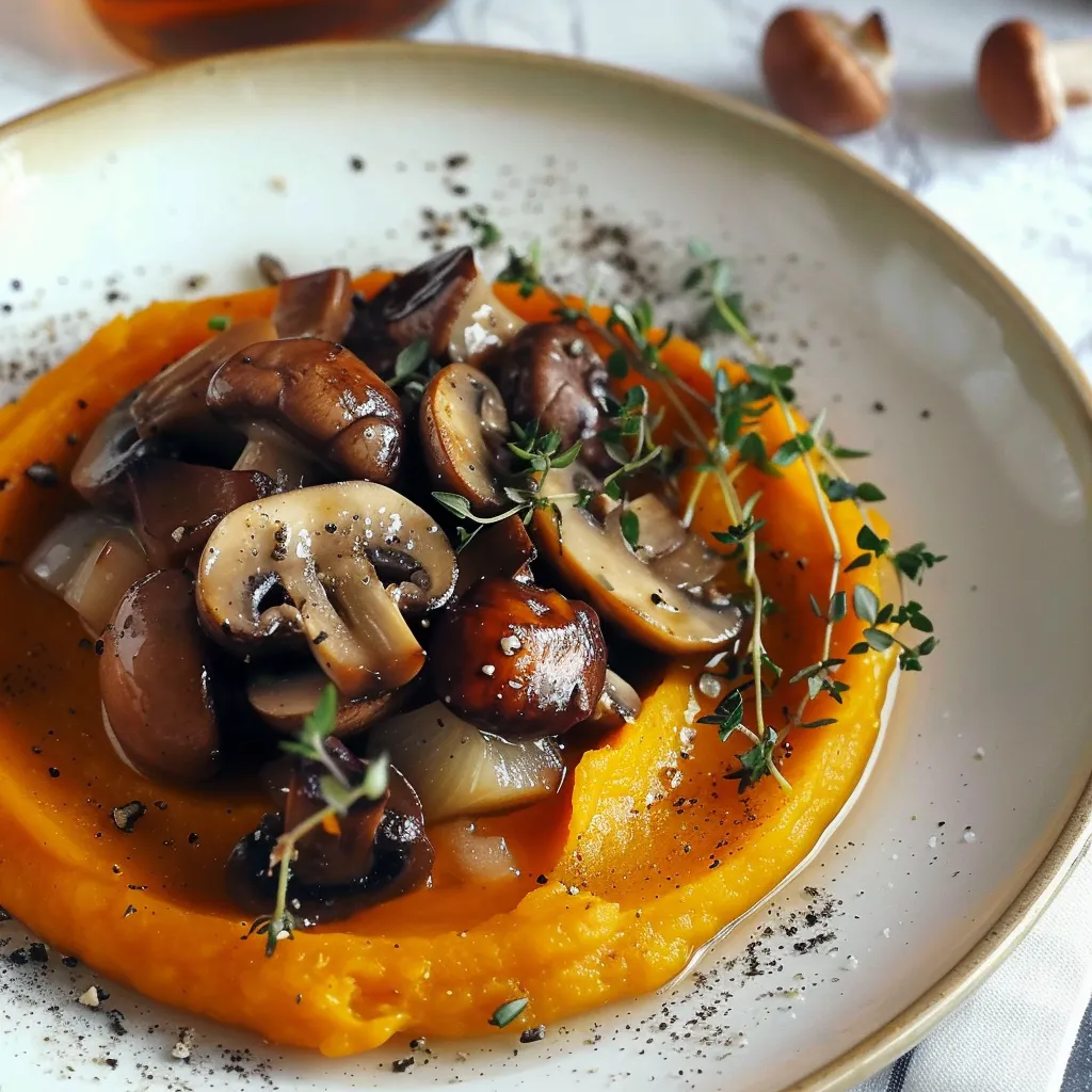 Kastanien- und Pilz-Frikassee, Kürbispüree mit Gewürzen (vegan, glutenfrei)