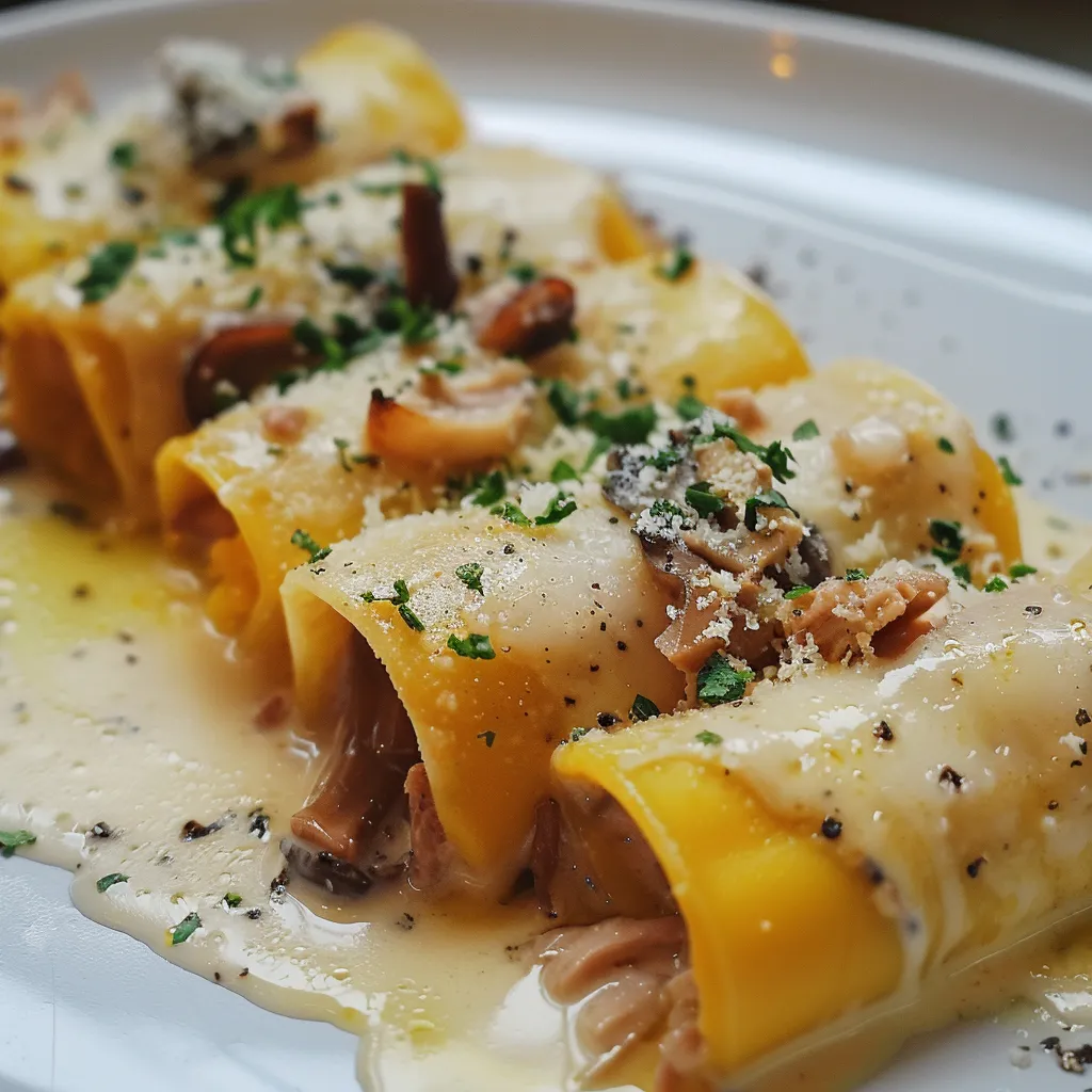 Cannelloni mit Entenconfit, Foie Gras und Kürbispüree mit Parmesan