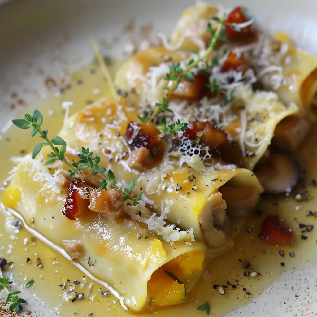Cannelloni mit Entenkonfitüre und Gänseleber, Hokkaido-Kürbispüree