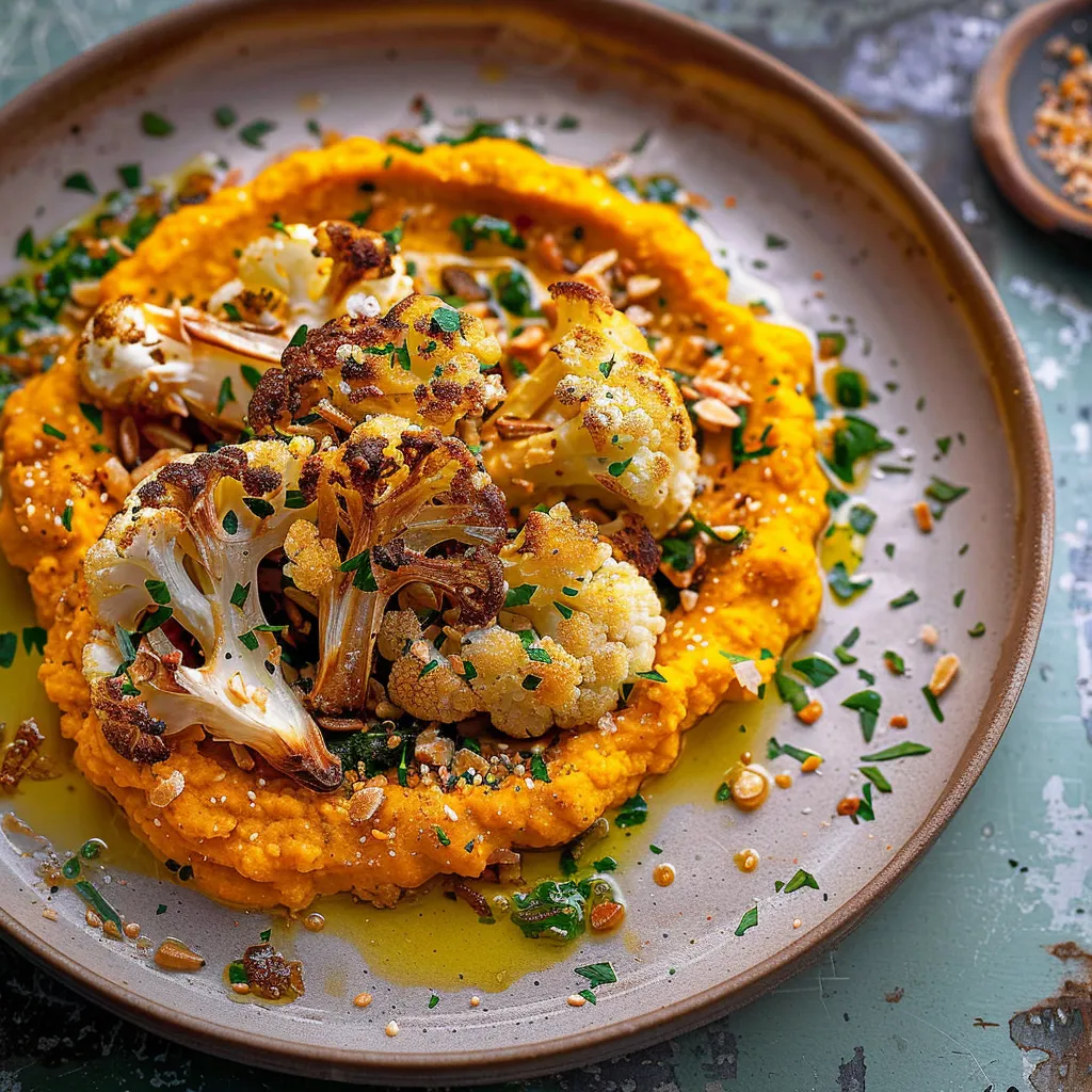 Knuspriger Blumenkohl mit Karotten-Houmous