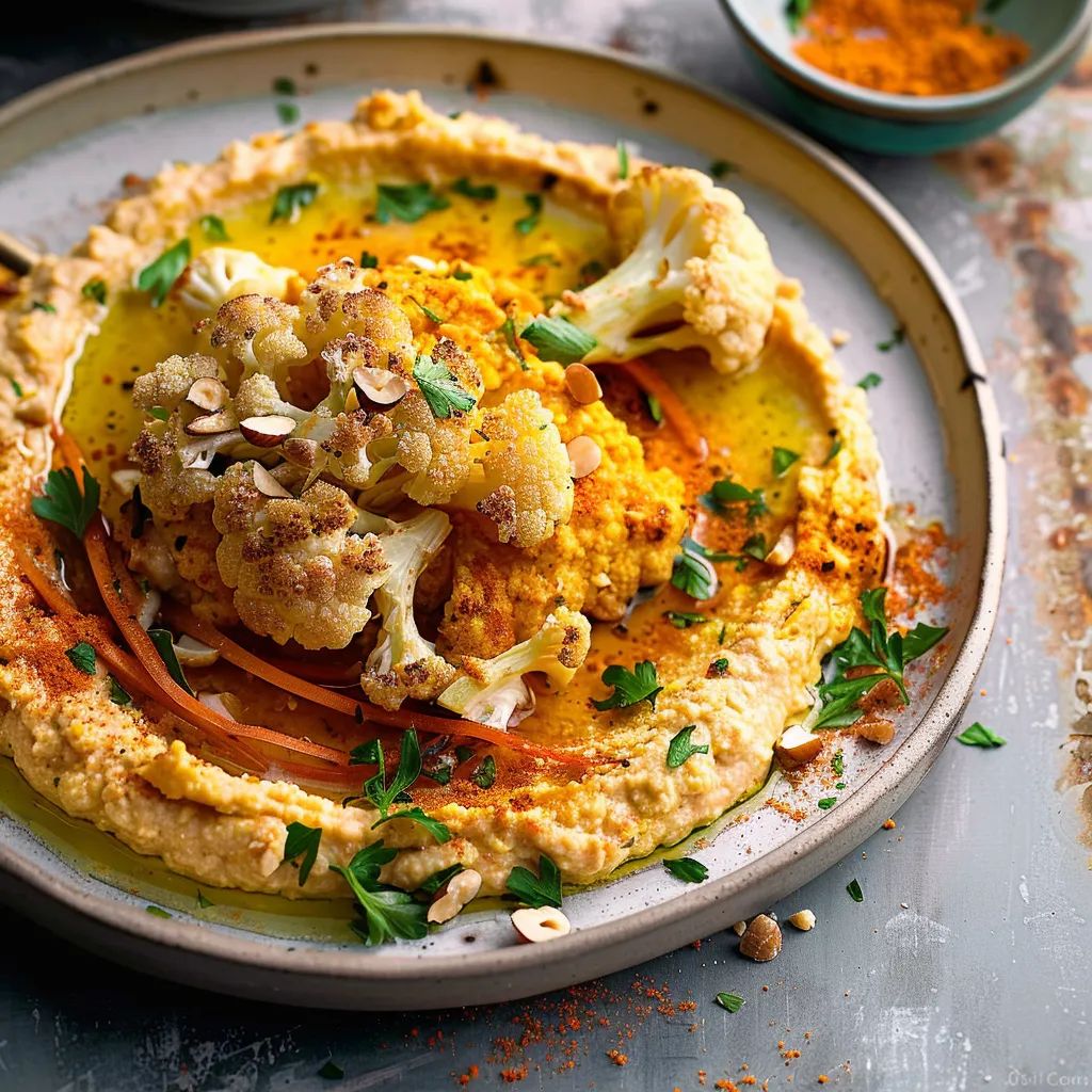 Einfaches Gericht: Gerösteter Blumenkohl und Karottenhummus