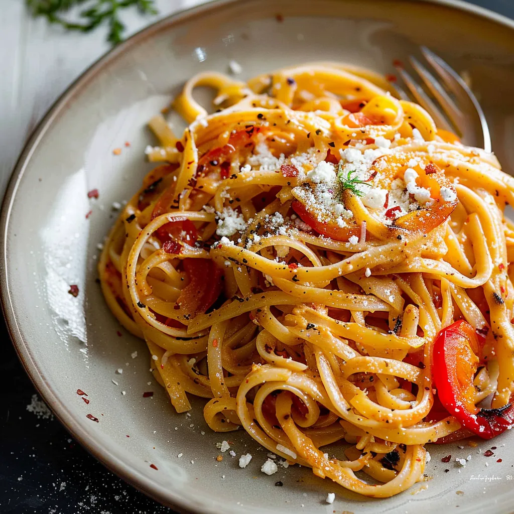 Einfaches Gericht: Linguine mit gerösteter Paprikacreme