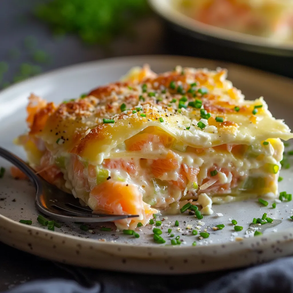 Cremiger Gratin mit Lauch und geräuchertem Lachs