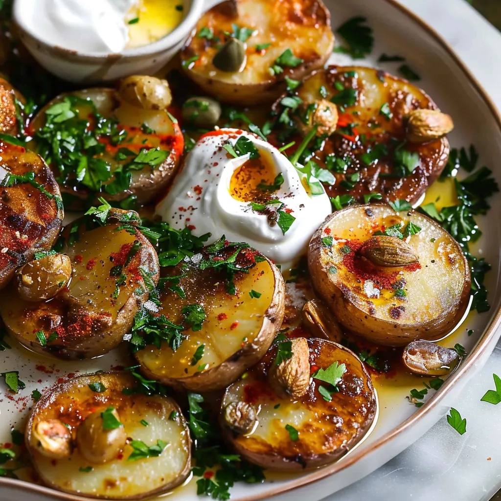 Knusprige Kartoffeln mit scharfem Knoblauchöl, Honigjoghurt und frisch-würziger Kräuter-Salsa