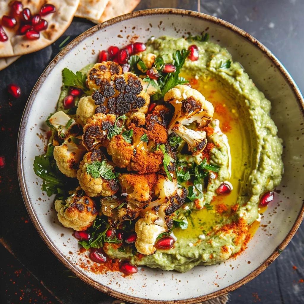 Schüsseln mit Harissa-Blumenkohl und grünem Hummus - Frisches und leckeres Gericht