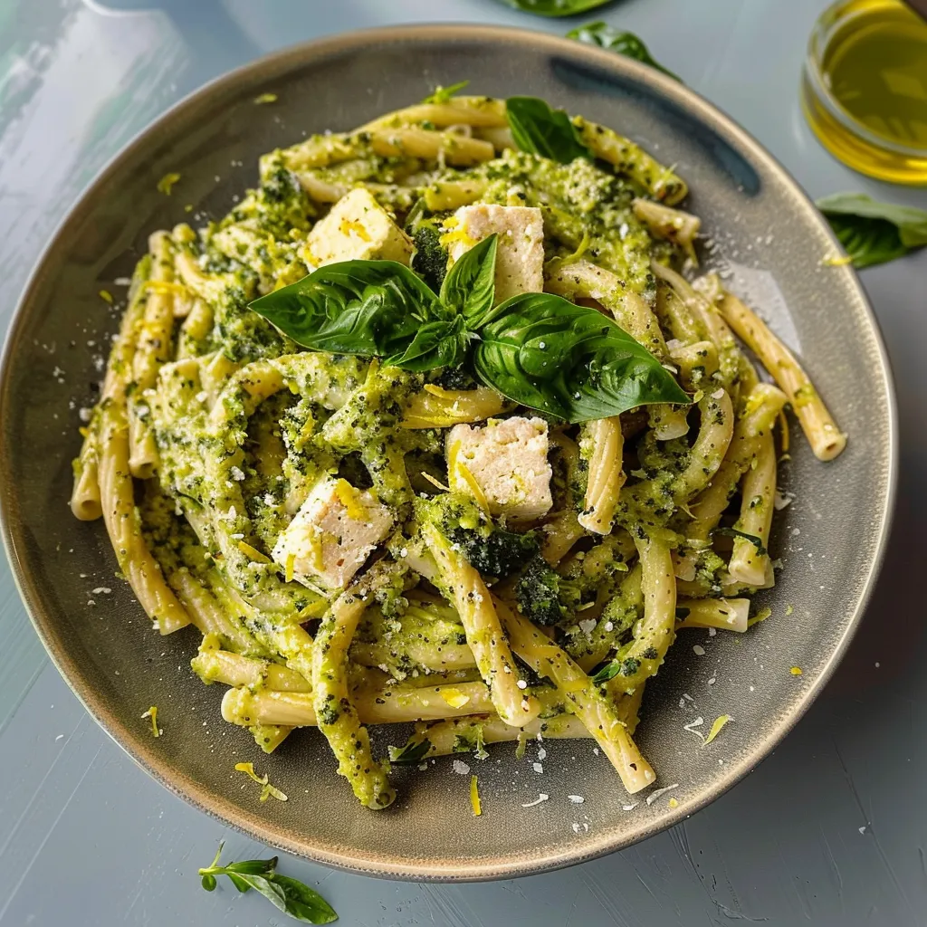 Brokkoli-Pesto-Nudeln mit Zitronen-Tofu - Innovative vegane Küche