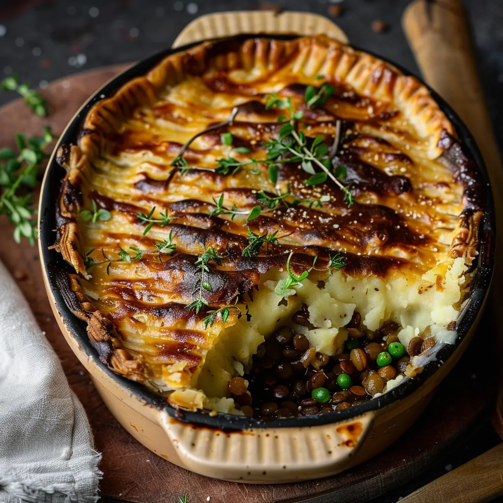 Hachis Parmentier mit Shiitake und Linsen sowie Blumenkohlpüree