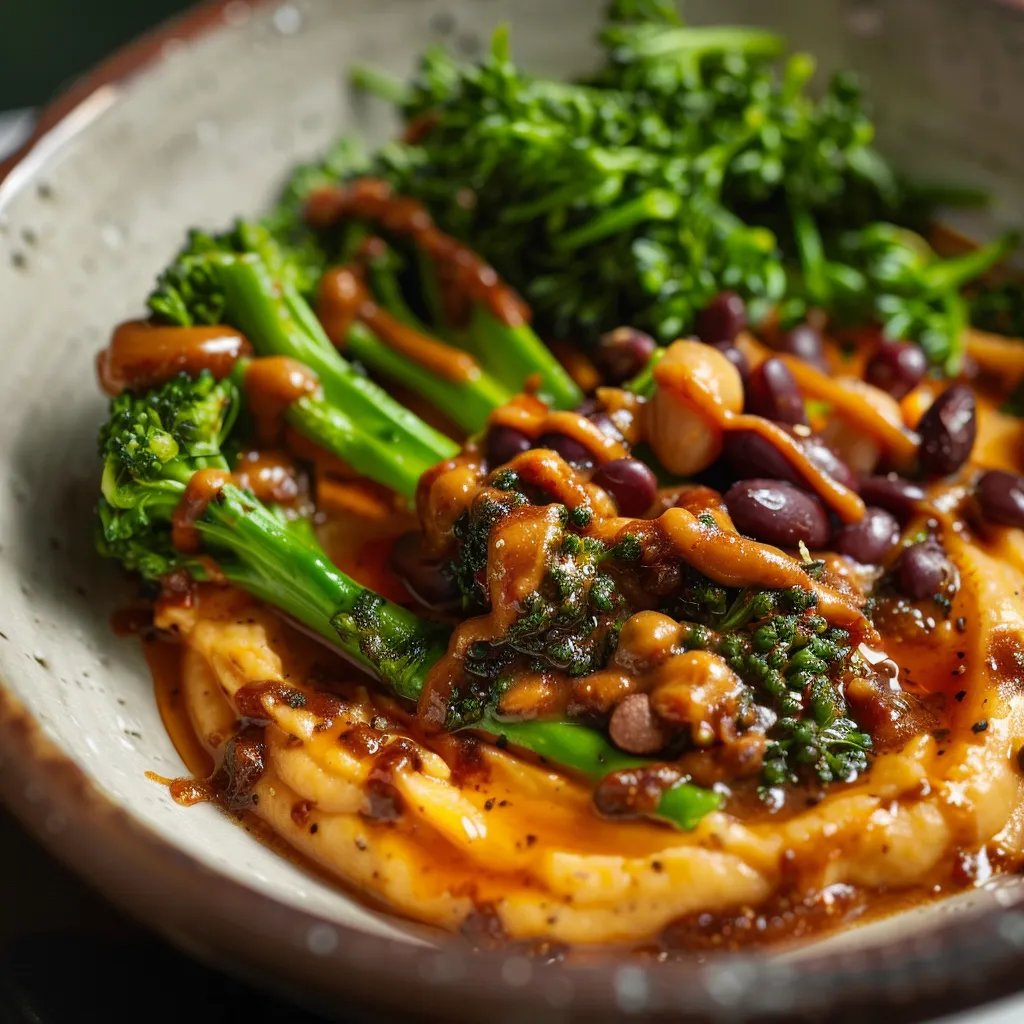 Cremige Süßkartoffelpüree mit würzigem Miso und Tahini sowie Broccolinis mit Bohnen