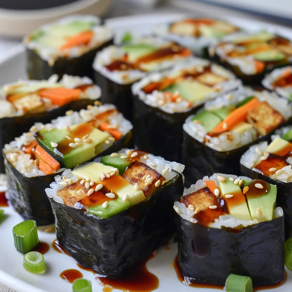 Tofu-Sushi-Rollen mit Teriyaki und Gemüse in Reispapier
