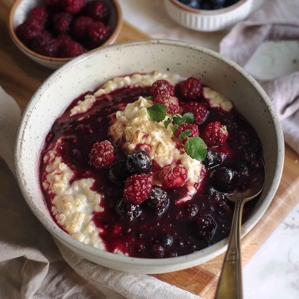 Cremiger Porridge mit Vanillesoße und Beerenkompott
