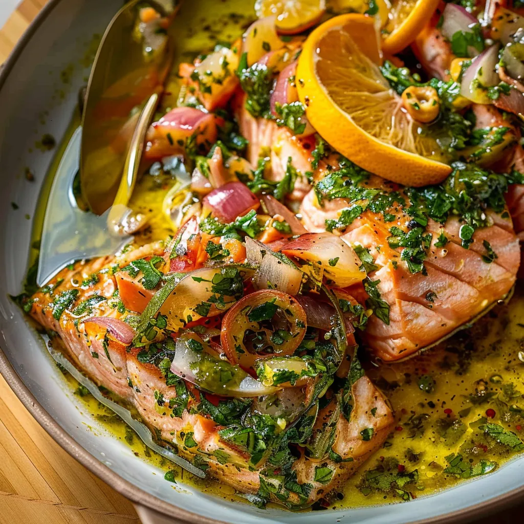 Sanft gegarter Saumon mit frischer Salsa Verde und Agrumen