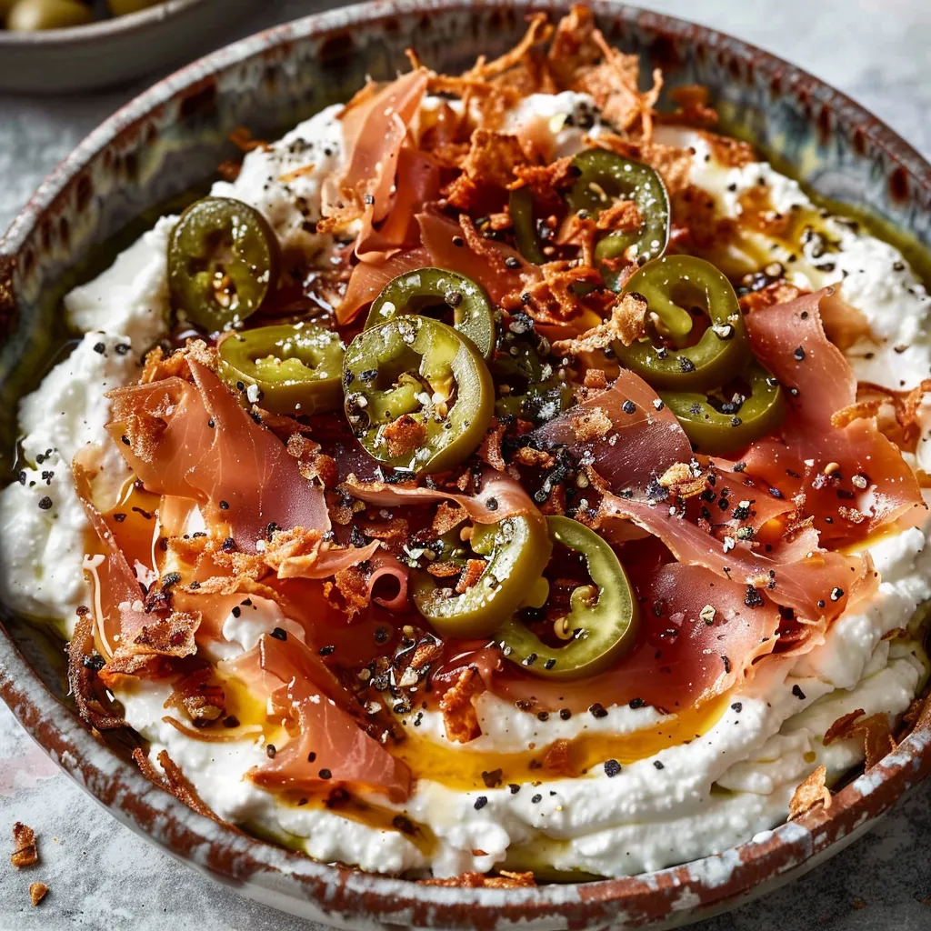 Fluffiger Ricotta-Dip mit Knusper-Mortadella und würzigem Honig