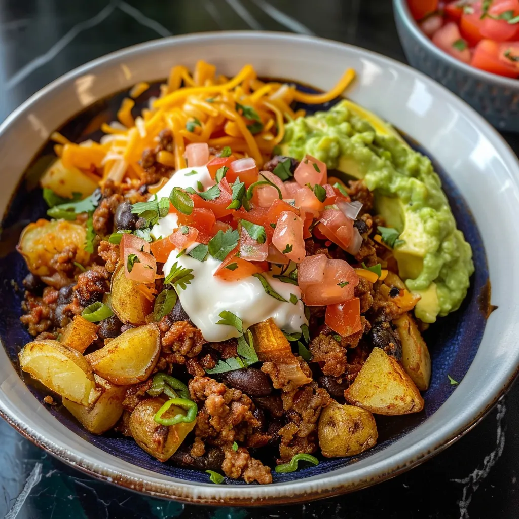 Mexikanische Taco-Bowl: Rindfleisch, Kartoffeln und Beilagen
