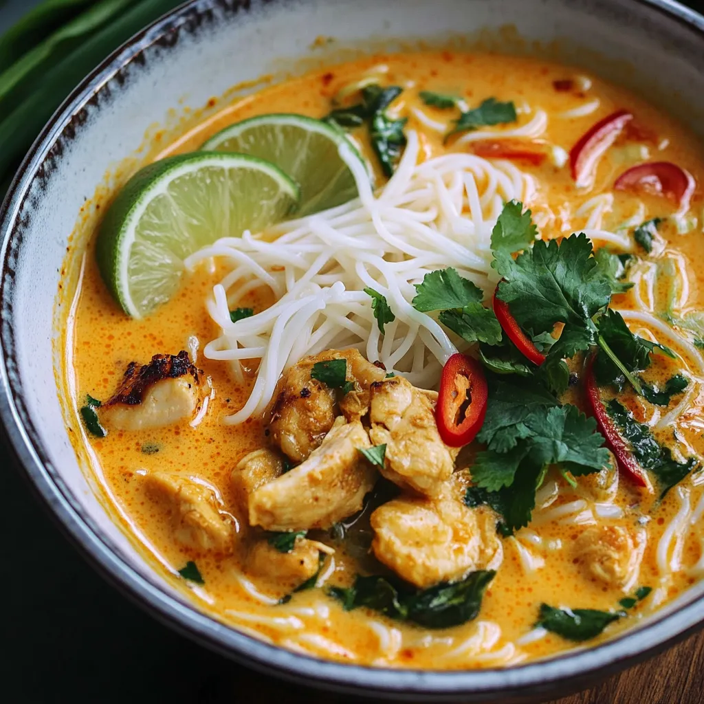 Khao Soi mit Hühnchen (Thai Suppe mit Curry und Kokosmilch)
