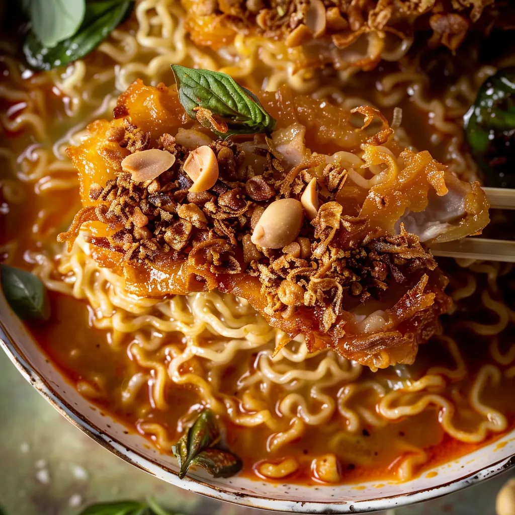 Knuspriges Huhn Ramen mit Thai-Curry und Erdnüssen in 30 Minuten