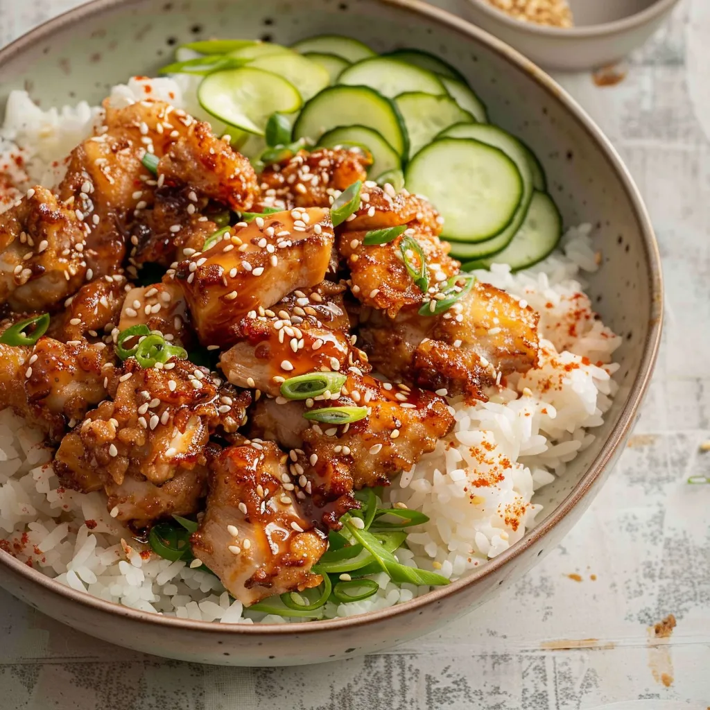 Knusprige Hähnchen-Reisschüssel mit Miso-Glasur im Airfryer zubereitet