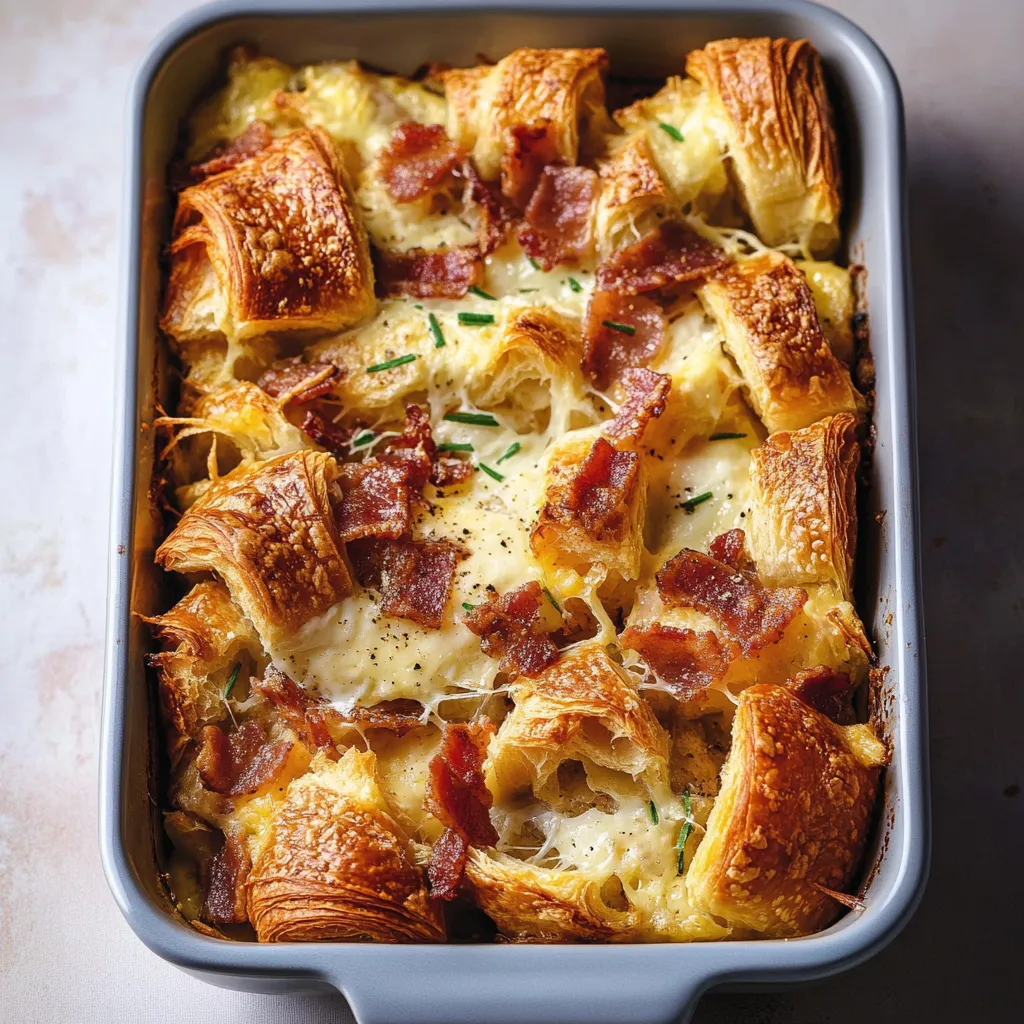 Herzhafter Croissant-Gratin mit Bacon und Käse zum Frühstück