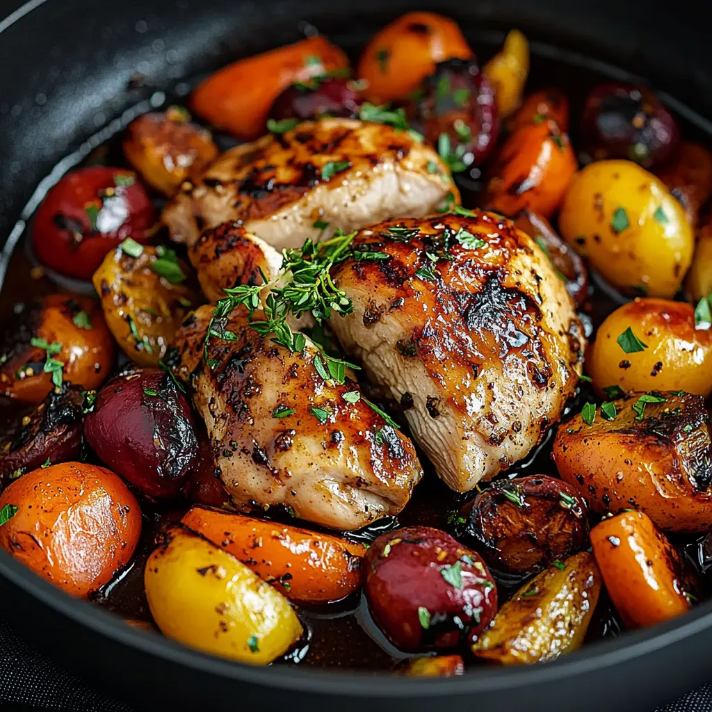 Balsamico-Huhn und Gemüse aus einer Pfanne