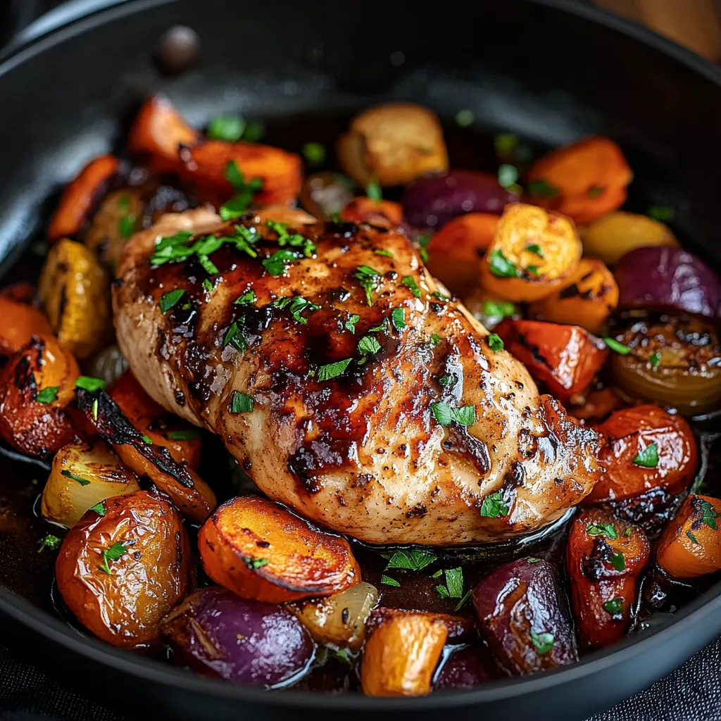 alles aus einer Form: zartes Balsamico-Hähnchen mit knackigem Ofengemüse
