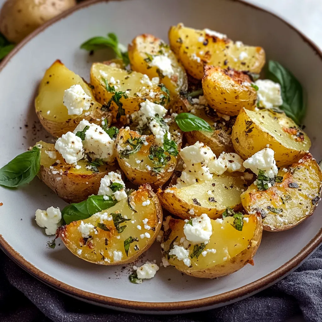 knusprige Kartoffeln mit geschmolzenem Feta in einer Schale serviert