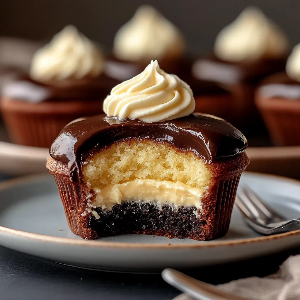 Boston Cream Cupcakes mit cremiger Füllung und Schokodecke