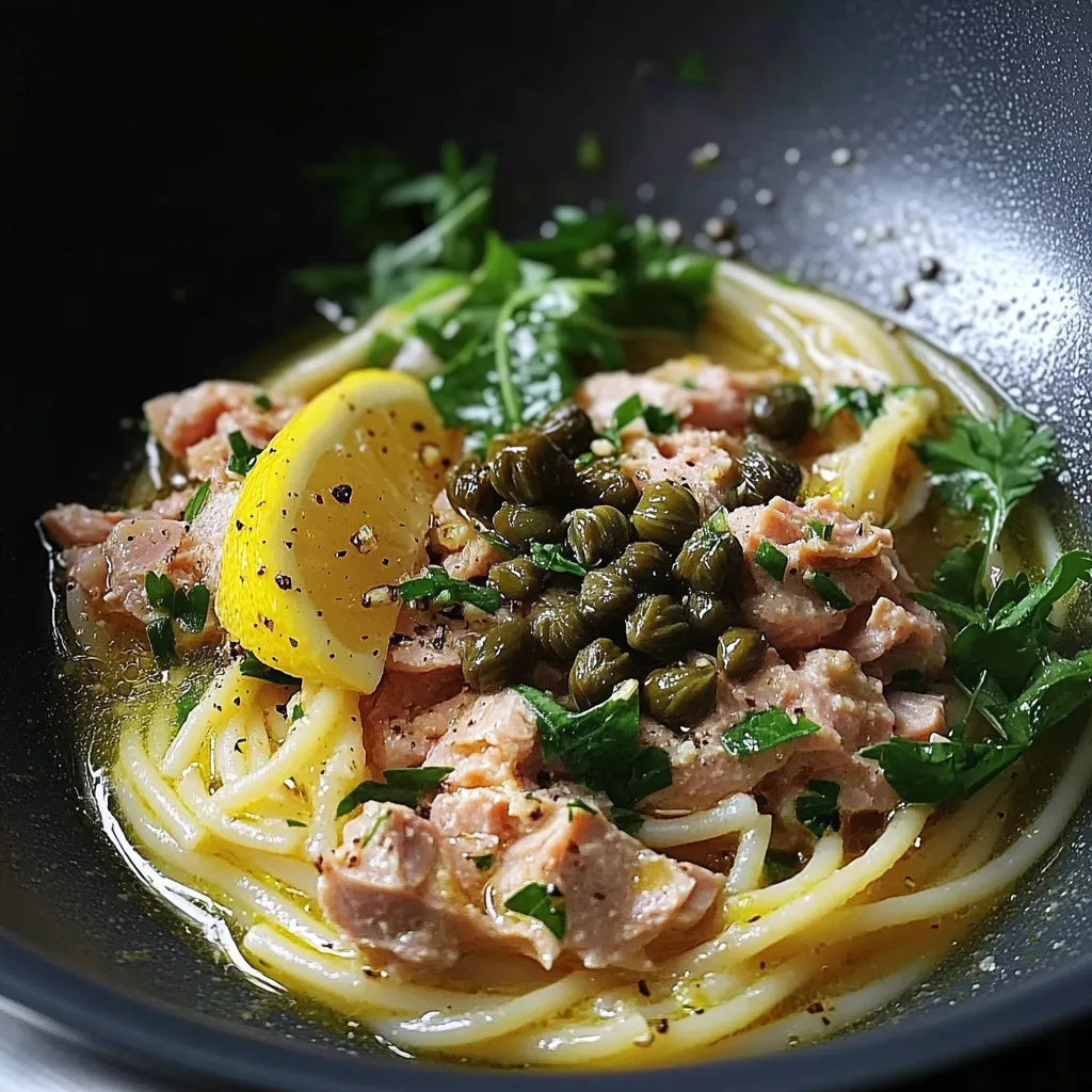 Spaghetti mit Thunfisch, Kapern, Knoblauch und Zitrone