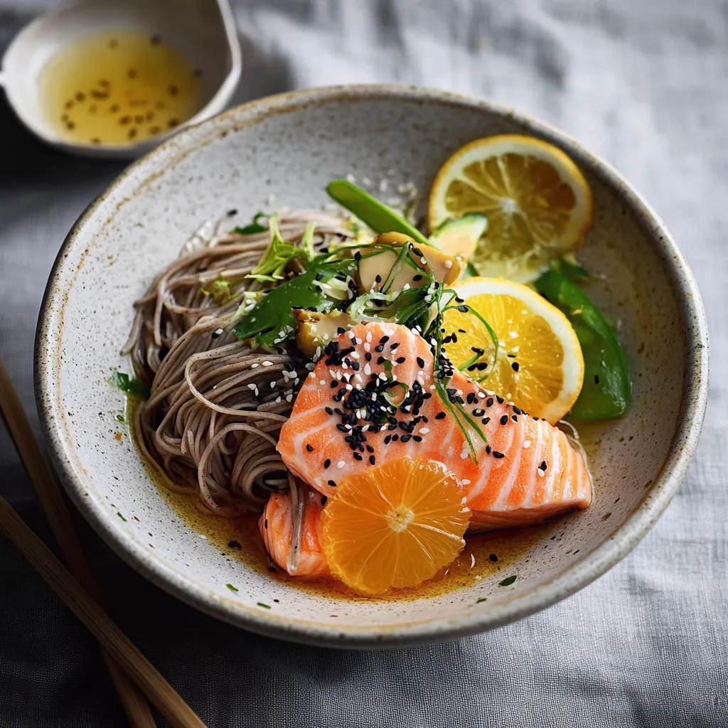 Soba mit Lachs, grünen Bohnen und Zitrus-Ingwer-Dressing