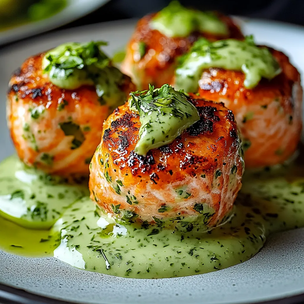 Lachs-Bällchen mit frischen Kräutern und cremiger Avocado-Koriander-Sauce